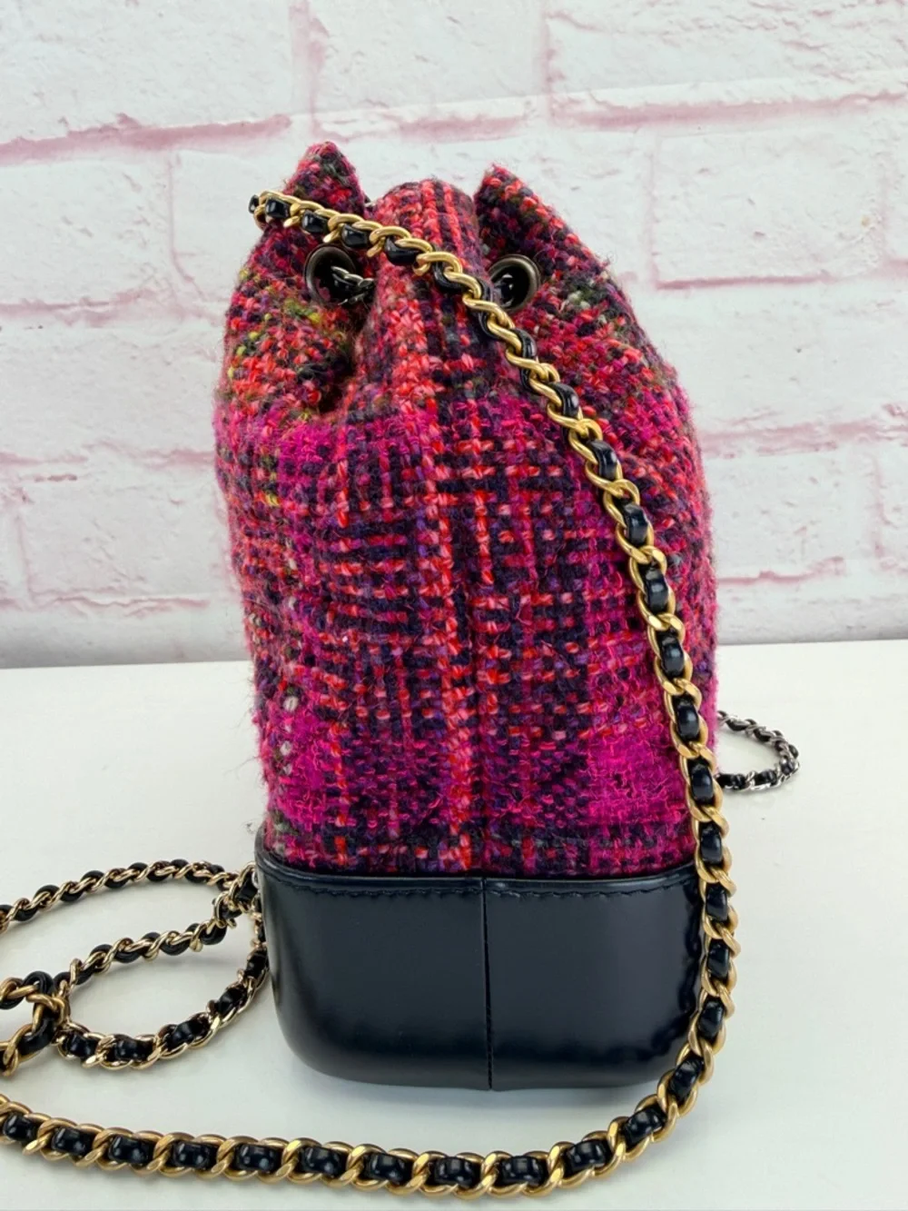 Chanel Tweed Calfskin Quilted Gabrielle Backpack Pink Multicolor